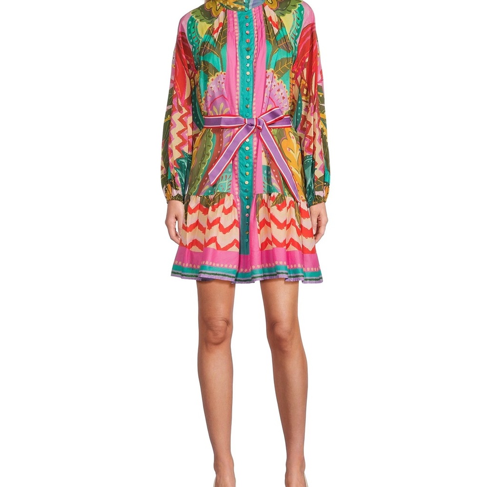ANTONIO MELANI Brynn Pink and Blue Buttoned Belted Long Sleeve Dress